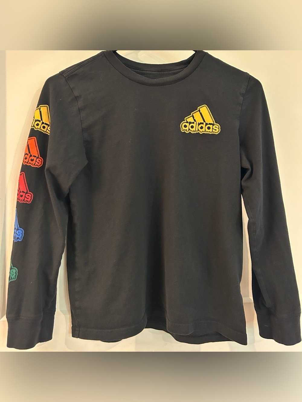 adidas Black Long-Sleeve Tee with Yellow Logo and Multi-Color Sleeve Patches